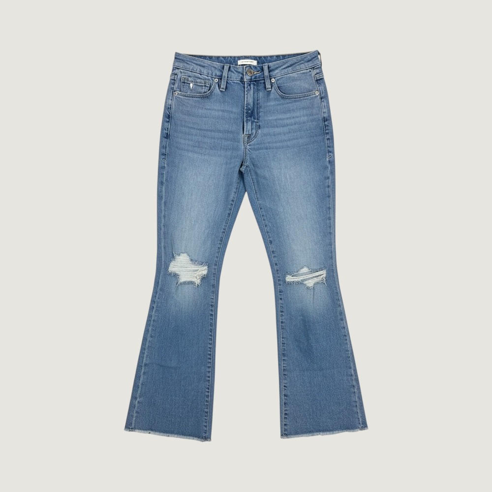Good American Flare Jeans Womens 2/26 Blue Distressed Raw Hem GCBRH235T